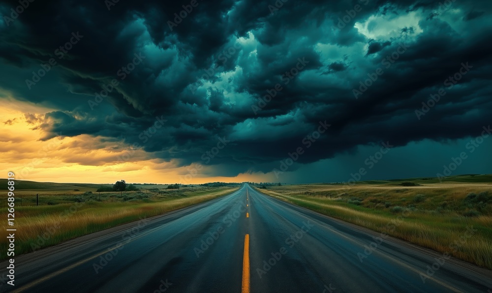 Fototapeta premium Dramatic stormy sky over empty highway with vibrant sunset colors