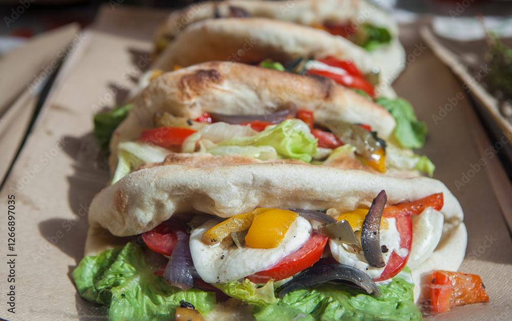 Calzone ortolano displayed at trattoria shop window