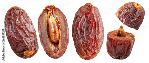 Set of semi-dry dates, or date palm fruits isolated on white background. File contains clipping paths.