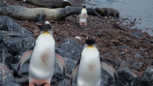 Antarctic penguins near seals on rocky shore