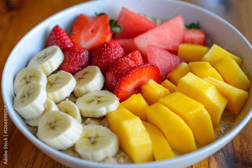 A bowl of Oat Smoothie Bowl with banana slices, strawberry, apple, watermelon,dragon fruits and thin slices of mango. A bowl of Oat Smoothie Bowl with banana slices, strawberry, apple, watermelon,dragon fruits and thin slices of mango.