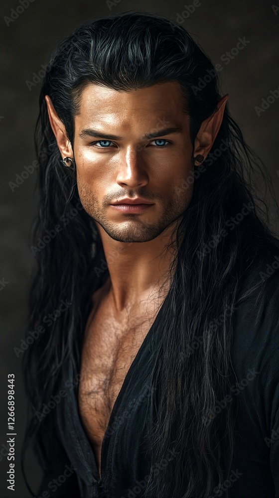 A close-up portrait of an elf with long hair and pointed ears. A close-up portrait of an elf with long hair and pointed ears.