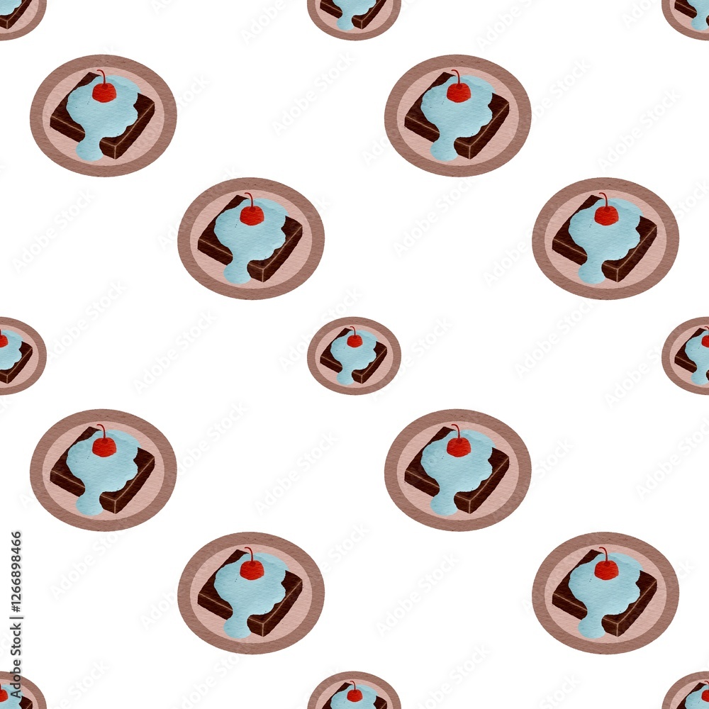 Chocolate dessert and little cherry with white pattern background. Chocolate dessert and little cherry with white pattern background.