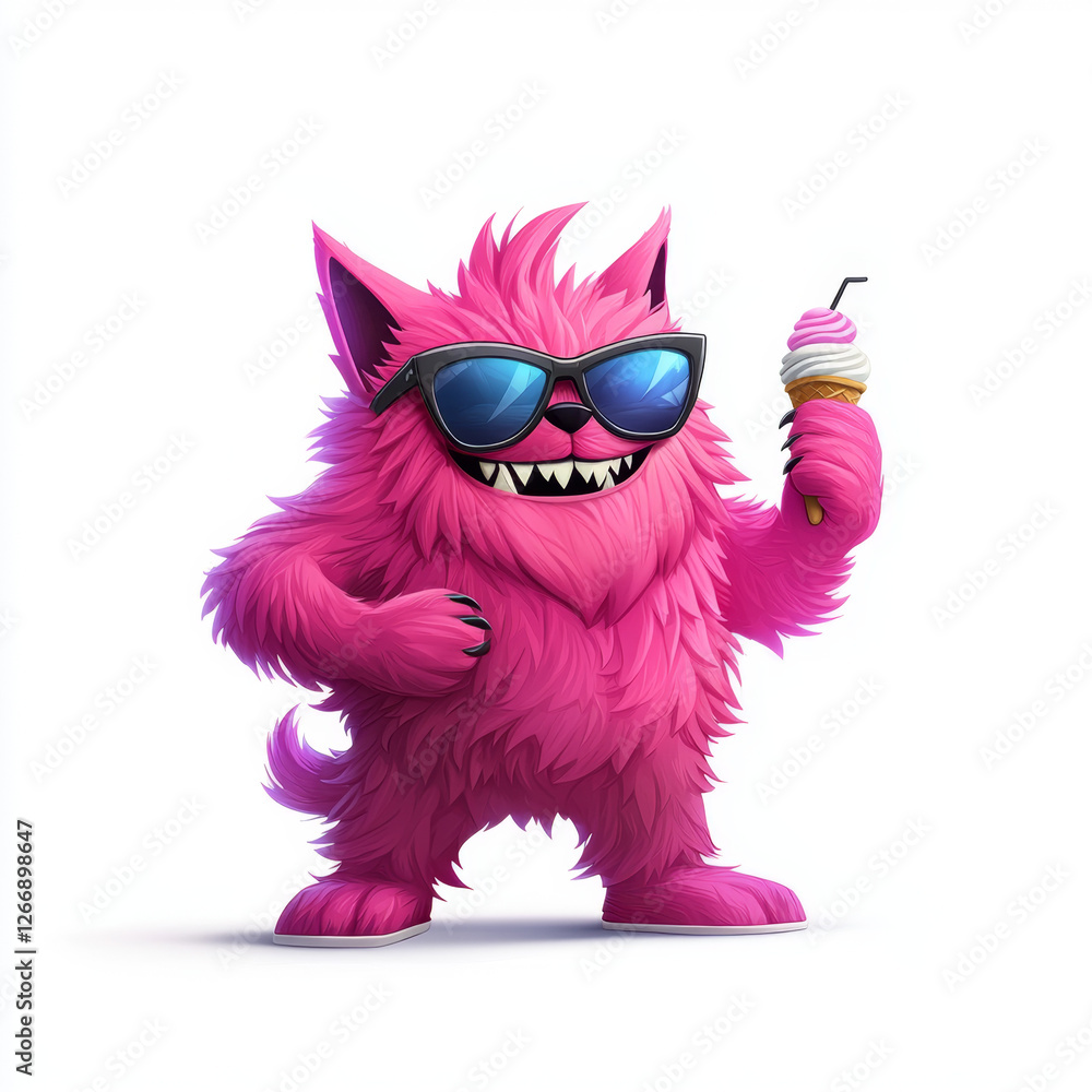 Fototapeta premium Cute Pink Cartoon Furry Cat with a Playful Look