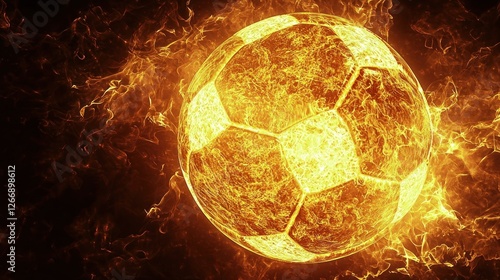 Fiery soccer ball ablaze in dark background
