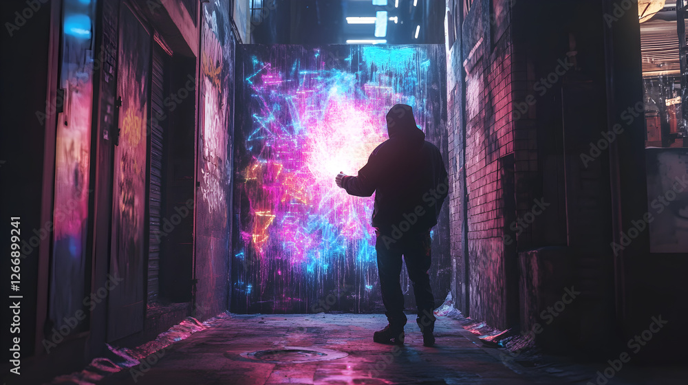 street artist creating a massive digital graffiti mural using holographic spray paint in a dimly lit urban alleyway street artist creating a massive digital graffiti mural using holographic spray paint in a dimly lit urban alleyway
