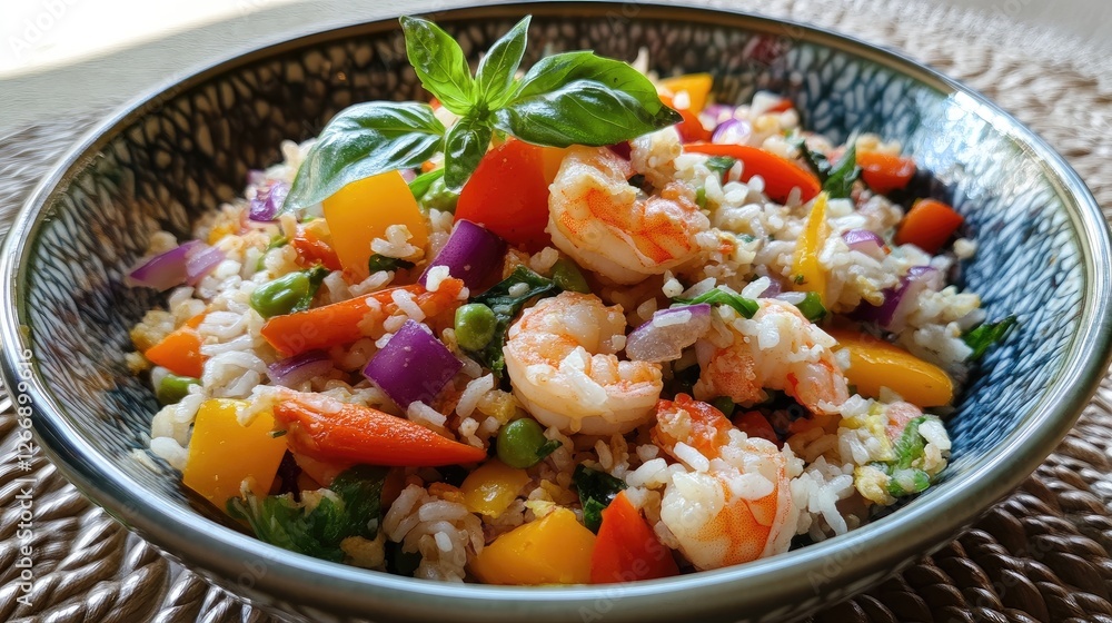 A colorful bowl of basil fried rice with assorted vegetables and succulent shrimp, beautifully plated, highlighting the freshness and variety of ingredients in Thai cooking. A colorful bowl of basil fried rice with assorted vegetables and succulent shrimp, beautifully plated, highlighting the freshness and variety of ingredients in Thai cooking.