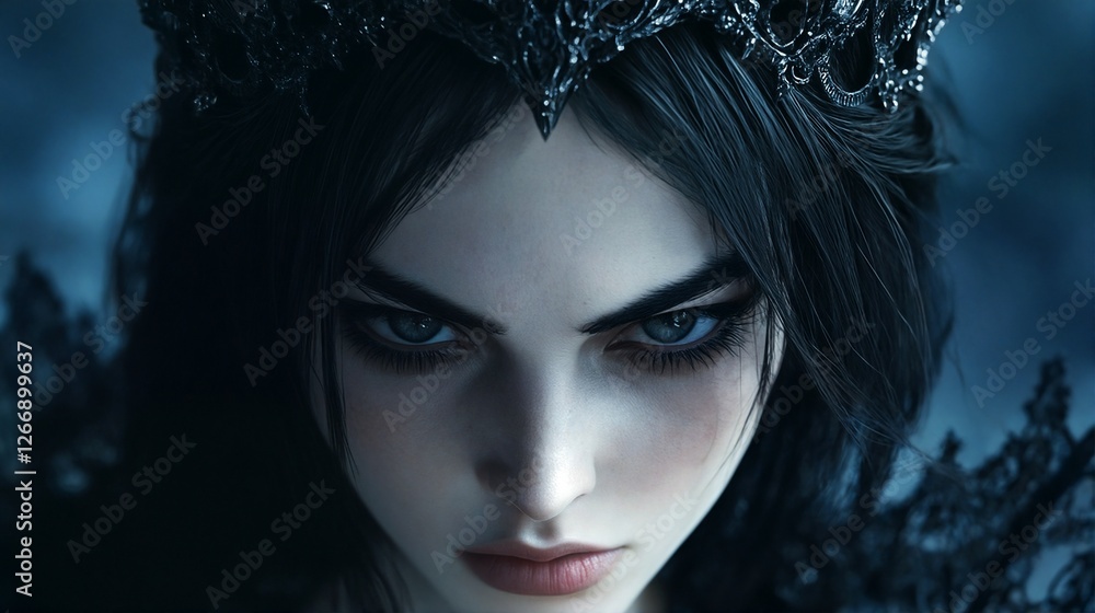 Fototapeta premium A woman with dark hair and a crown of thorns on her head against a blue background.