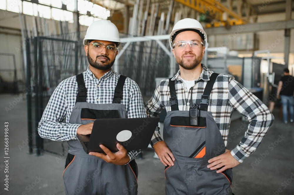 Two engineer worker working together with safety uniform and white helmet to work in industry factory Two engineer worker working together with safety uniform and white helmet to work in industry factory