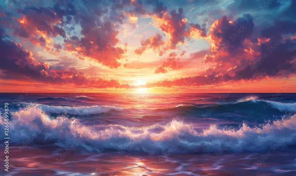 Fototapeta premium Stunning sunset over ocean waves with vibrant colors and dramatic clouds