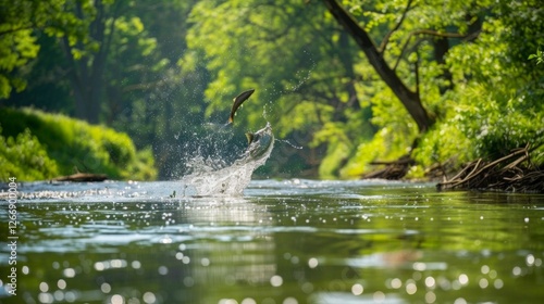 Imagine a serene river scene where a trout leaps out of the water to catch an insect. The riverbanks are lush with greenery photo