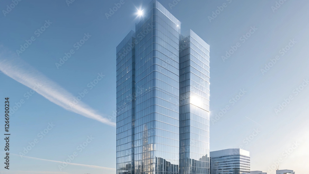 Modern High-Rise Skyscraper with a Reflective Glass Facade, Symbolizing Success and Prosperity in a Sleek Urban Skyline Modern High-Rise Skyscraper with a Reflective Glass Facade, Symbolizing Success and Prosperity in a Sleek Urban Skyline