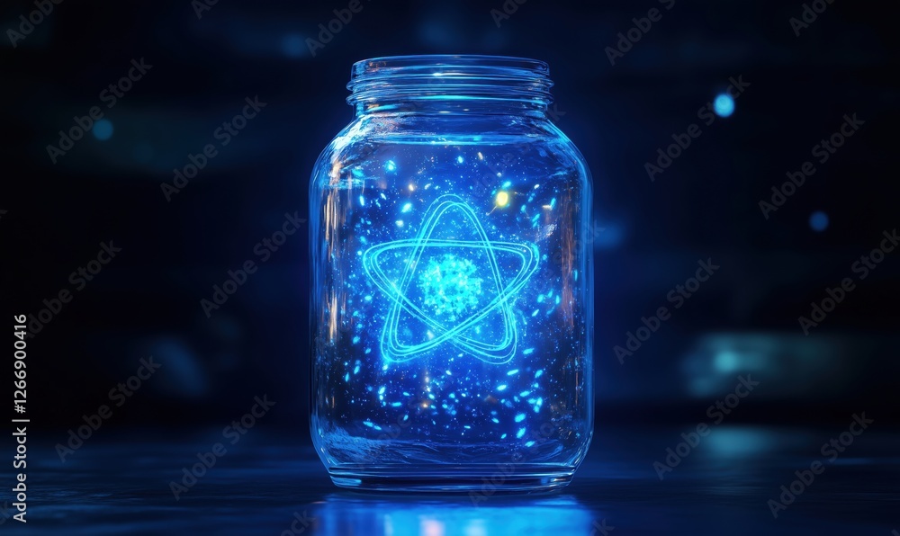 Glowing blue atom inside glass jar with sparkling effects and dark background Glowing blue atom inside glass jar with sparkling effects and dark background
