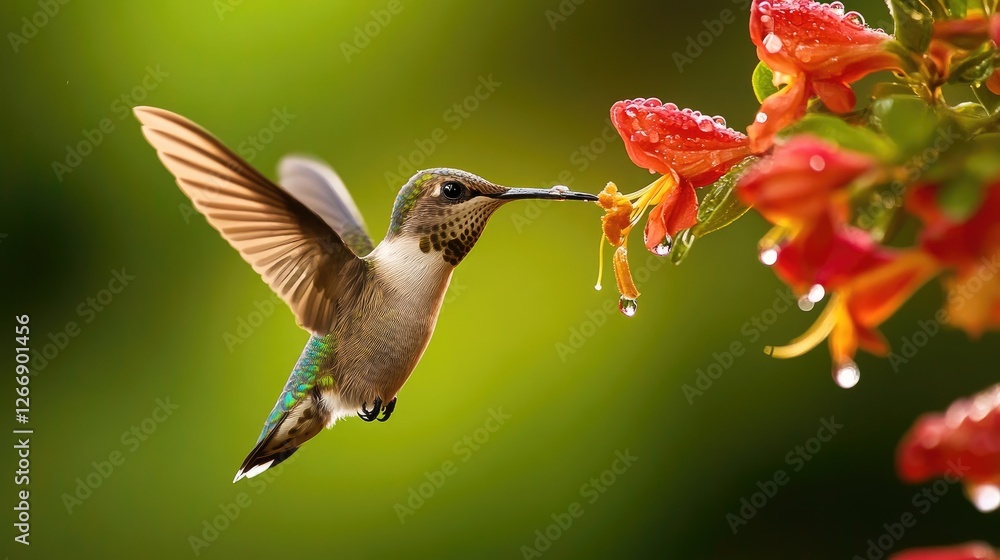 Fototapeta premium A dynamic shot of a hummingbird hovering near a flower with dew drops, illustrating the interaction between wildlife and the vibrant flora of a garden.