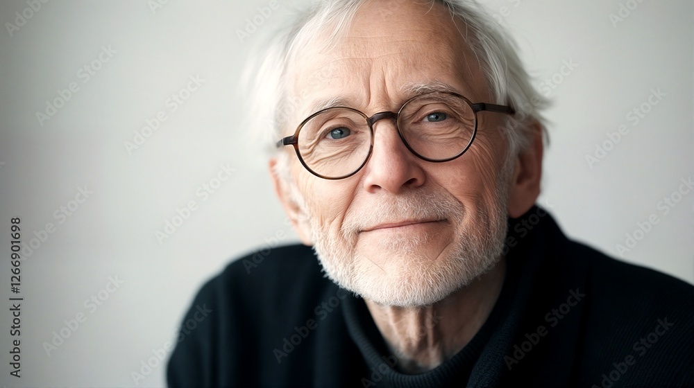 Close up of an old man with white hair and glasses wearing a black sweater. Close up of an old man with white hair and glasses wearing a black sweater.