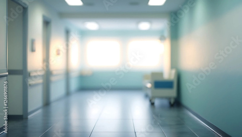 Wallpaper Mural Serene Hospital Corridor with Soft Gradient Blur Effect, Featuring a Calm White and Blue Interior with Polished Gray Tile Flooring Torontodigital.ca