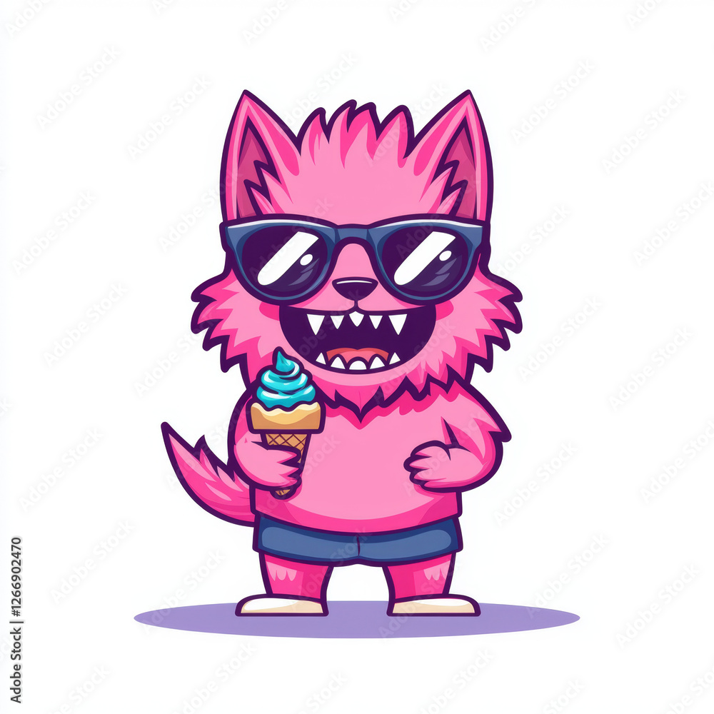 Cute Pink Cartoon Furry Cat with a Playful Look Cute Pink Cartoon Furry Cat with a Playful Look