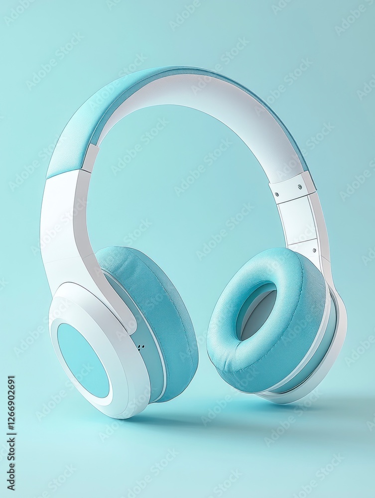 pair of light blue and white wireless over-ear headphones with ear cups, in the isometric view of the front side of the product pair of light blue and white wireless over-ear headphones with ear cups, in the isometric view of the front side of the product