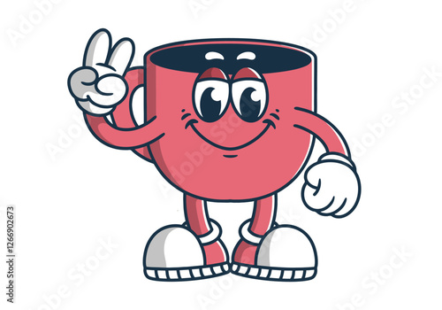 Character mascot of a coffee mug with hands forming a peace symbol in isolated white background