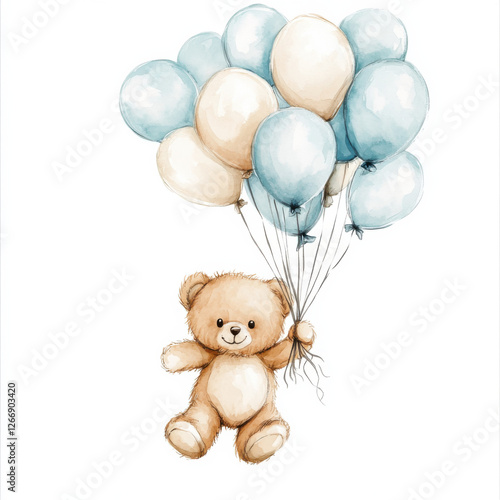A watercolour style illustration of a teddy bear holding many balloons, it is floating. The teddy bear is light brown colour and the balloons are light blue and white colours.