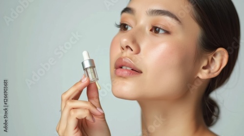 Young Woman Applying Serum with Dropper Bottle