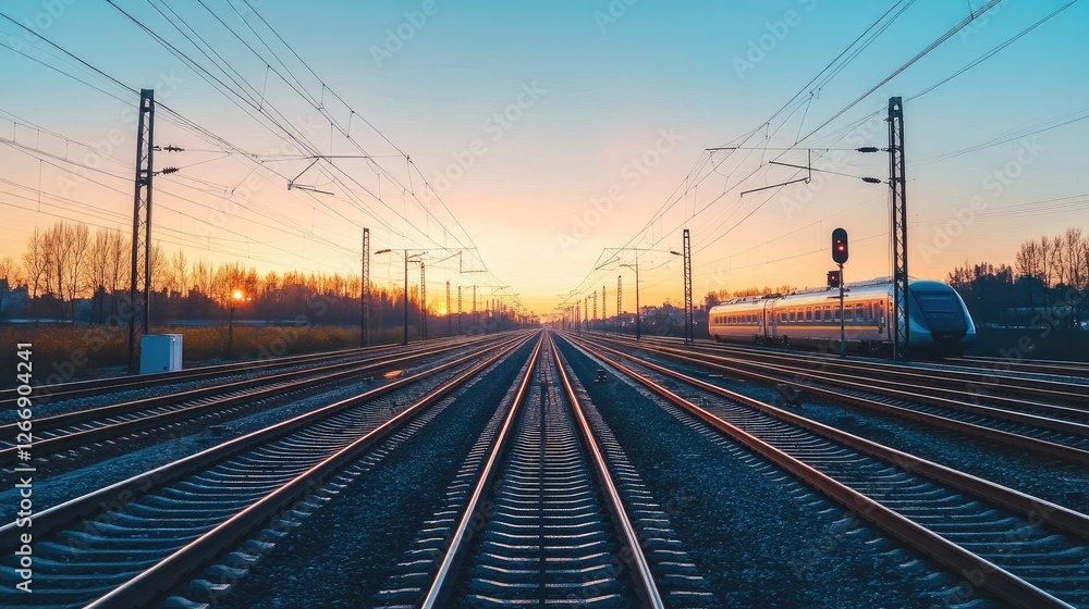 A panoramic view of the train tracks stretching into the horizon, with a high-speed train approaching, symbolizing connectivity and progress in transportation. A panoramic view of the train tracks stretching into the horizon, with a high-speed train approaching, symbolizing connectivity and progress in transportation.