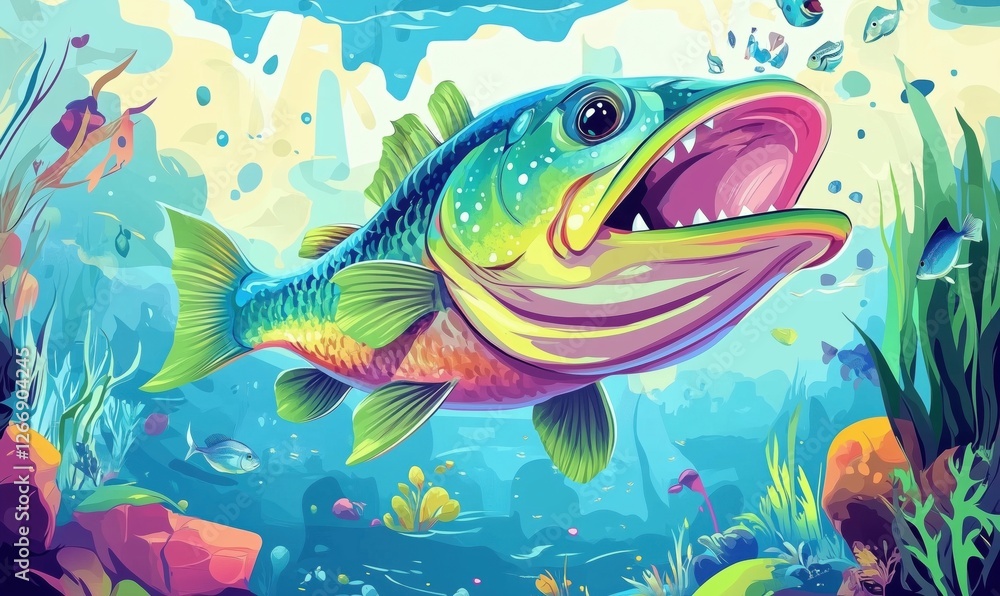 Naklejka premium Colorful cartoon bass fish swimming in vibrant underwater scene with aquatic plants