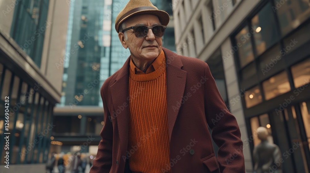 Obraz premium Stylish senior man strolling city streets, modern urban background