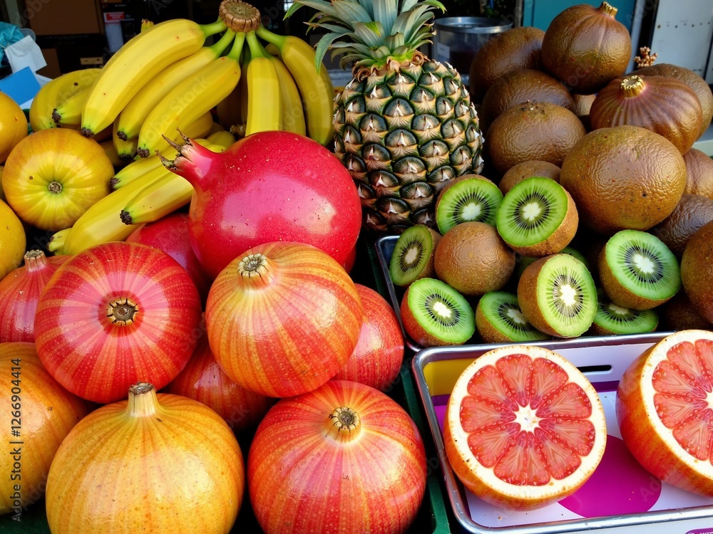 An exotic fruit assortment of ripe bananas, grapefruits, kiwis, pomegranates and pineapples on a counter at an Asian market. An exotic fruit assortment of ripe bananas, grapefruits, kiwis, pomegranates and pineapples on a counter at an Asian market.