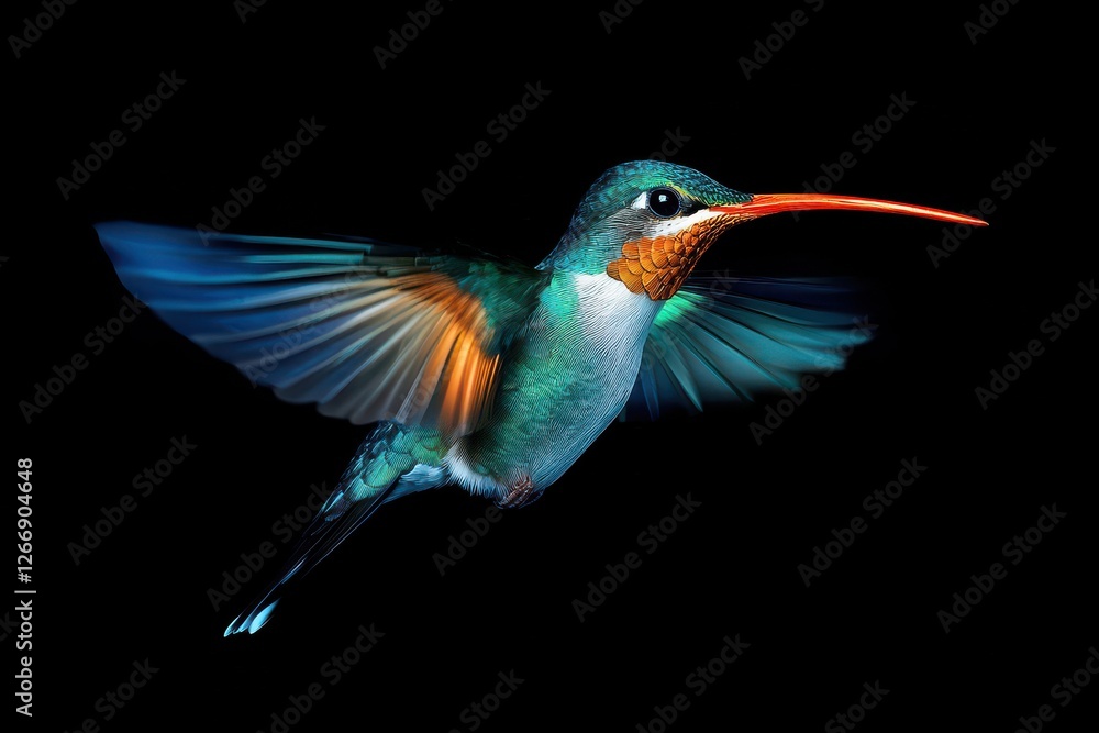 Fototapeta premium blue tailed hummingbird flying on black background