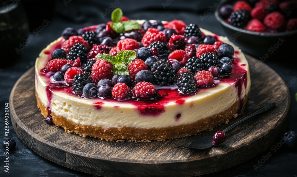 Delicious cheesecake topped with fresh berries and berry sauce on wooden platter Delicious cheesecake topped with fresh berries and berry sauce on wooden platter