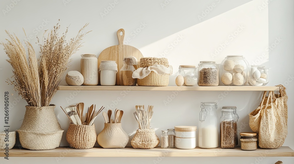 A minimalist eco-store shelf displaying sustainable household items and neutral decor. digital A minimalist eco-store shelf displaying sustainable household items and neutral decor. digital