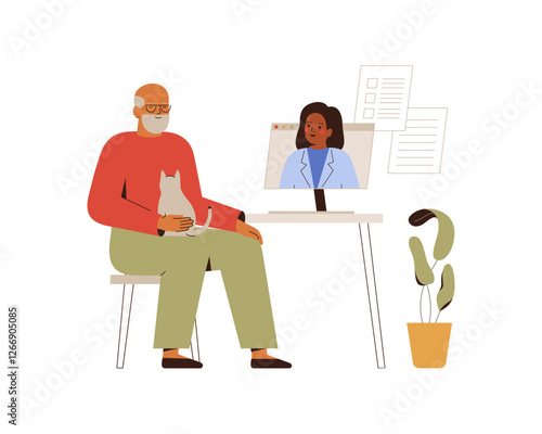 online medical appointment or Telemedicine. senior man talking to doctor have video call from home. Therapist, general practitioner remote consultation with elderly male, recommendation and receipts