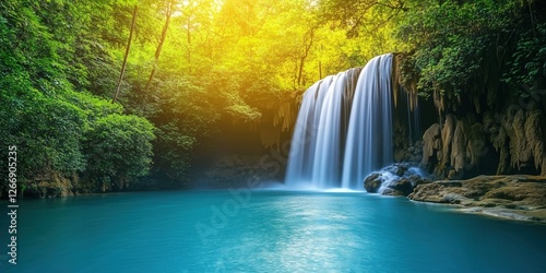 Stunning waterfall cascading into turquoise pool surrounded by lush greenery