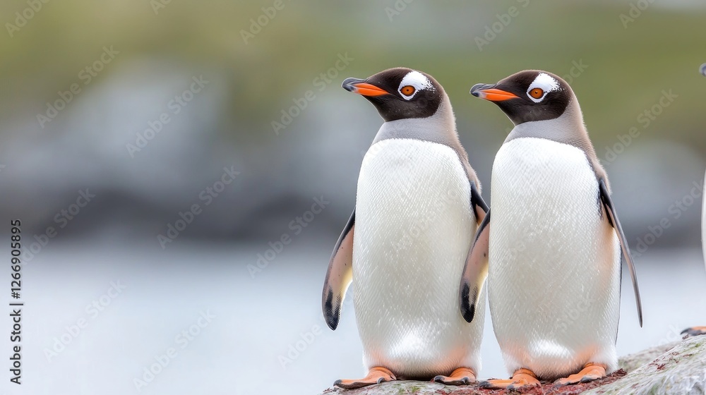 Fototapeta premium Two Gentoo penguins standing side-by-side on a rocky shore in Antarctica.