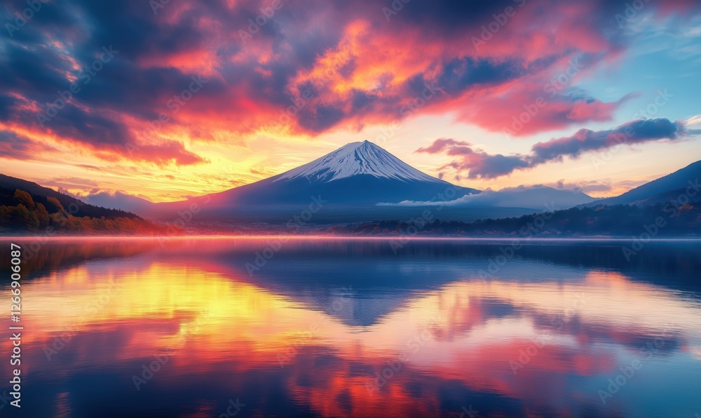 Mount Fuji at sunset reflecting in tranquil lake with vibrant sky colors Mount Fuji at sunset reflecting in tranquil lake with vibrant sky colors