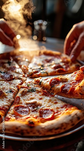 Delicious pepperoni pizza being shared at a cozy restaurant in the evening with steam rising from the fresh slices