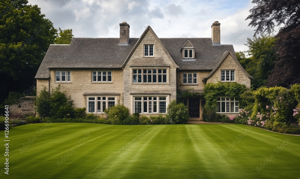 Charming stone house with manicured lawn and lush garden in serene setting Charming stone house with manicured lawn and lush garden in serene setting