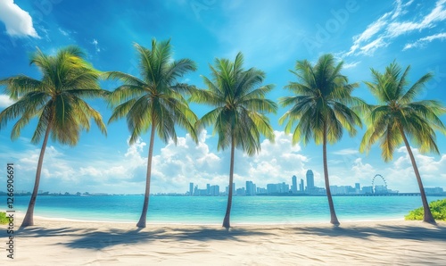 Tropical beach with palm trees and city skyline in background under clear blue sky