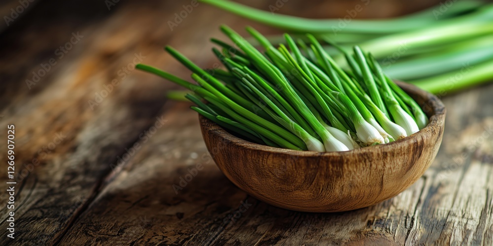 Fresh green onions in wooden bowl on rustic table for culinary use and decoration Fresh green onions in wooden bowl on rustic table for culinary use and decoration