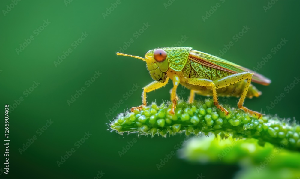 Close-up of vibrant green grasshopper perched on leaf with blurred background Close-up of vibrant green grasshopper perched on leaf with blurred background