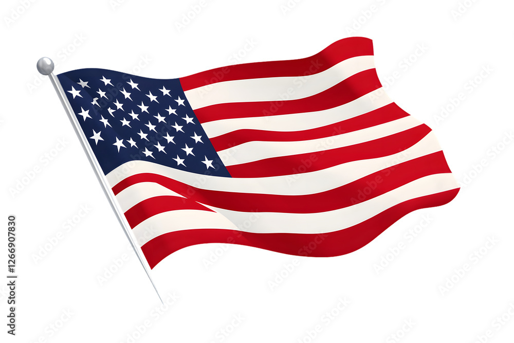 Fototapeta premium Waving American Flag on Flagpole with Transparent Background