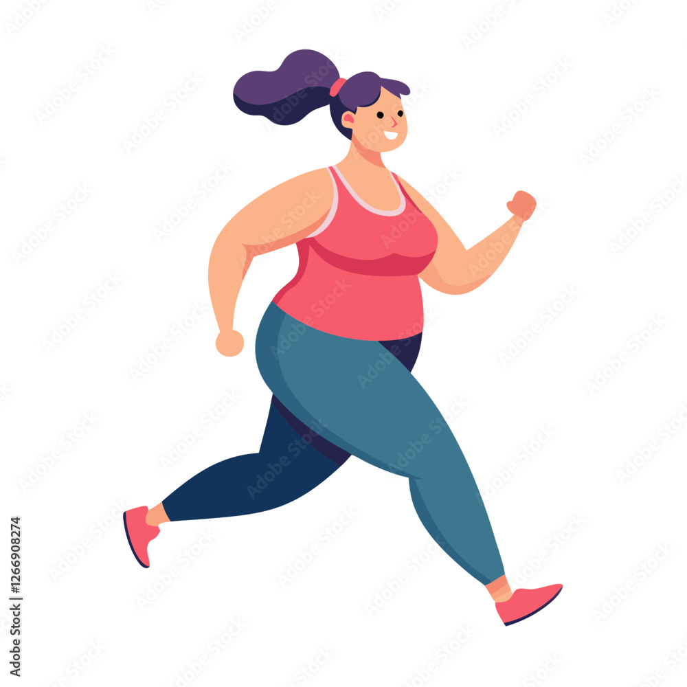 A plus size woman jogs energetically in a lively environment, showcasing her commitment to fitness and well-being during a bright morning A plus size woman jogs energetically in a lively environment, showcasing her commitment to fitness and well-being during a bright morning