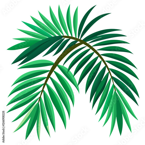 Vibrant green palm tree leaves showcase a tropical feel, swaying gently in a warm breeze under bright sunshine, enhancing the lush atmosphere of the surrounding area