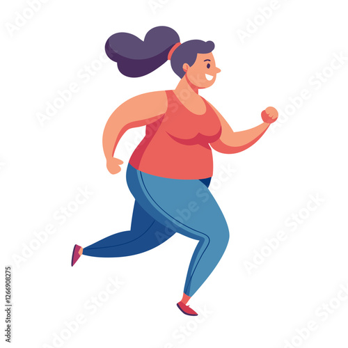 A plus size woman jogs energetically along a city street in the early morning, wearing a red tank top and blue leggings, highlighting her fitness journey and active lifestyle