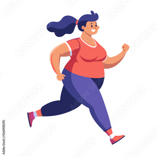 A plus size woman enjoys jogging during the early morning, wearing comfortable athletic clothing. She paces herself while sporting a cheerful expression on her face