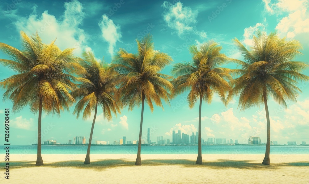 Fototapeta premium tropical beach scene with palm trees and city skyline in background