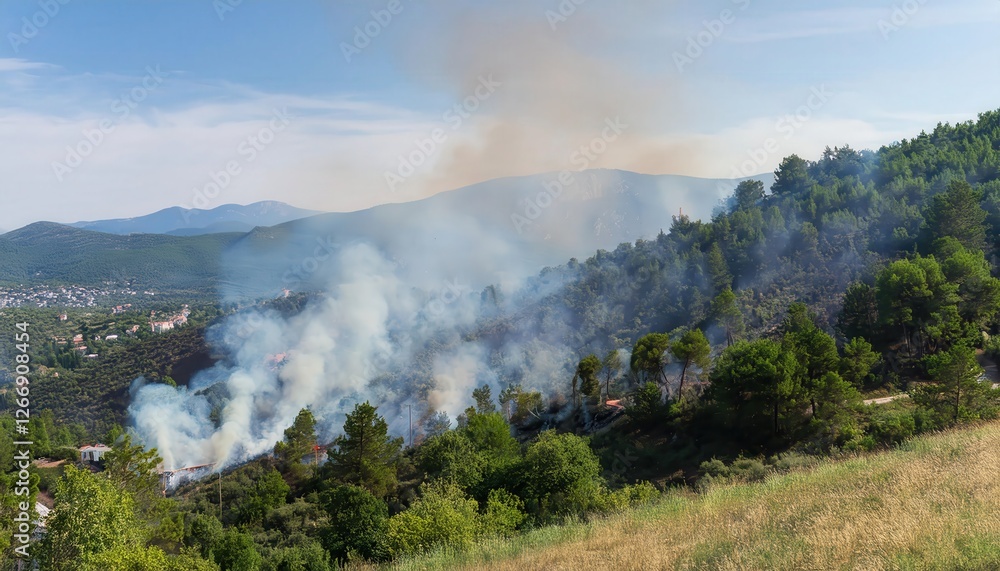 Large forest fire in the mountains causes thick smoke and destruction of vegetation Large forest fire in the mountains causes thick smoke and destruction of vegetation