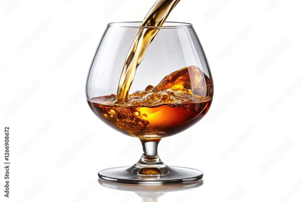 Pouring Whiskey into Glass with Ice - Whiskey being poured into a glass over ice, showcasing the amber liquid with ice cubes in a classic drinking experience.

