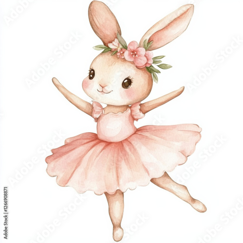 watercolor adorable and cute kawaii bunny ballerina with pretty pink dress and flower headband dancing with one leg lifted mid high isolated in white background 